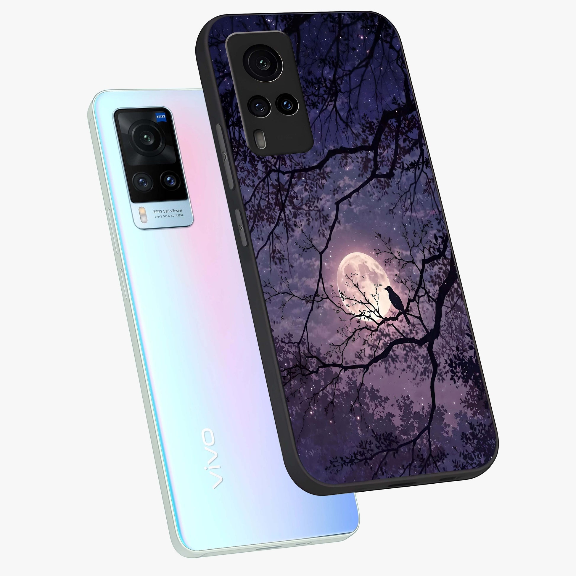 Whispering Moon Silence Glass Case displayed in angled mockup highlighting calm lunar design with dreamy night aesthetic.