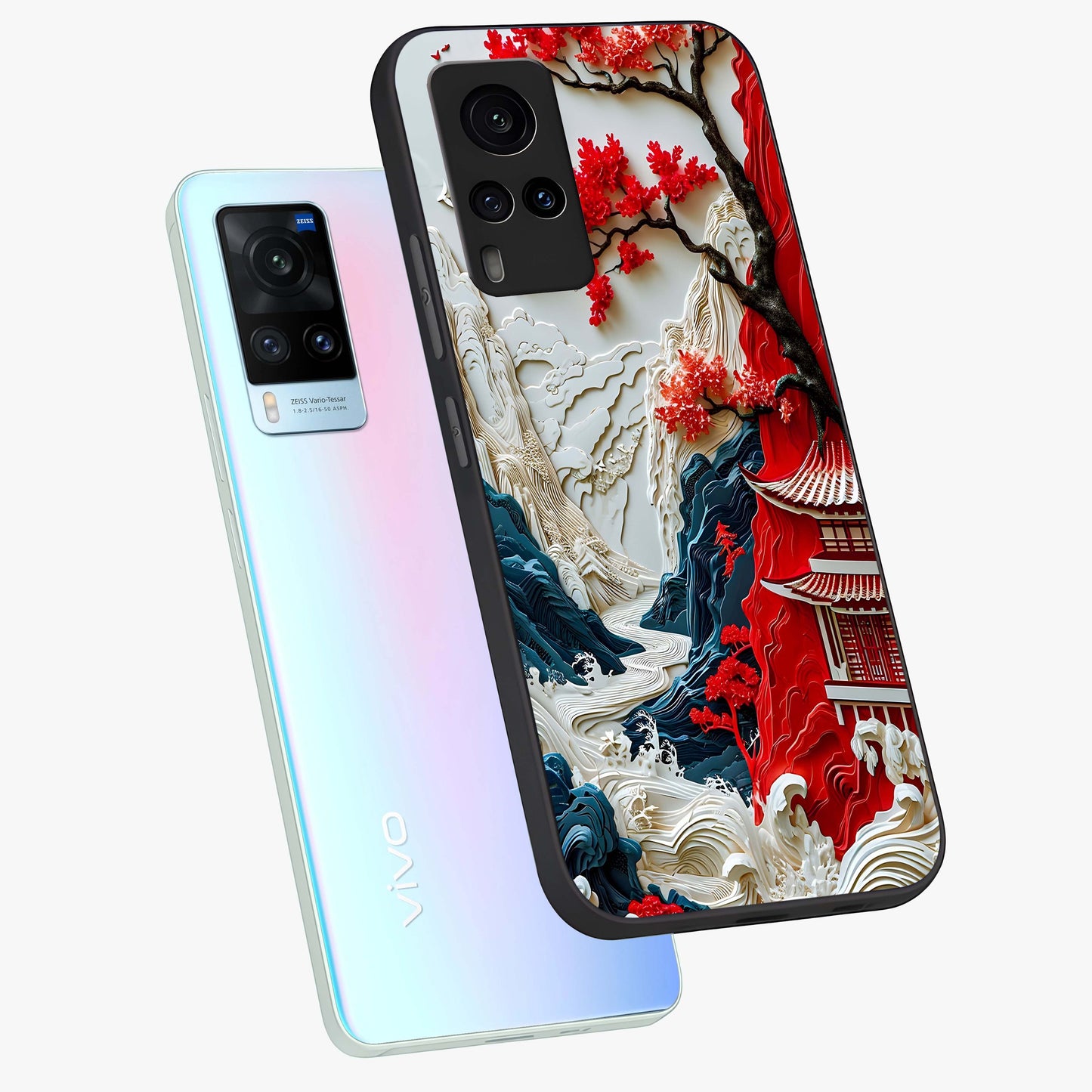 Whispers Of Sakura Waves Glass Case displayed in angled mockup highlighting flowing sakura design with soft floral aesthetic.
