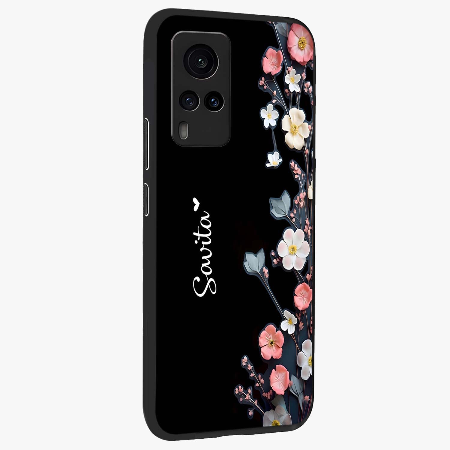 Black Elegance Floral Custom Name Glass Case upright view showcasing luxurious black floral design with personalized name detail.