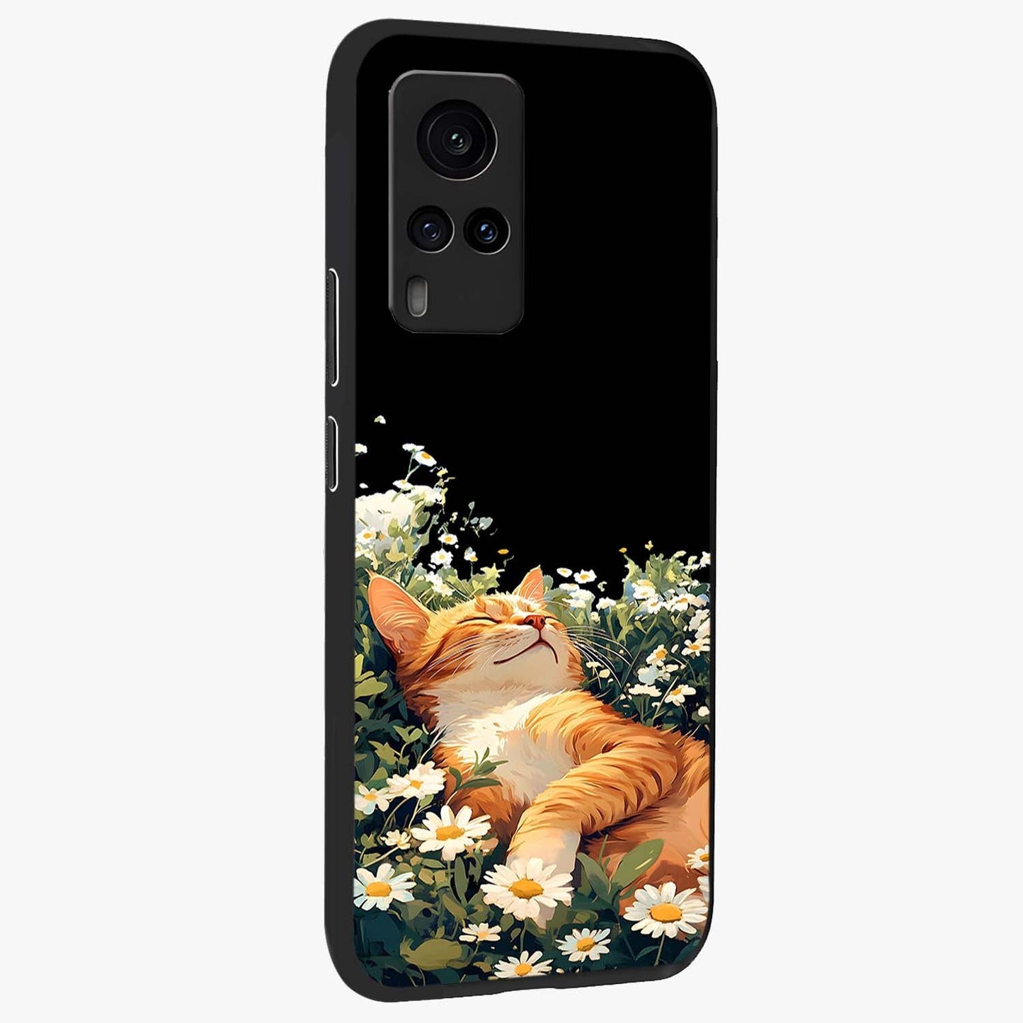 Blissful Bloom Cat Glass Case upright view showcasing charming cat design surrounded by blooming floral elements.