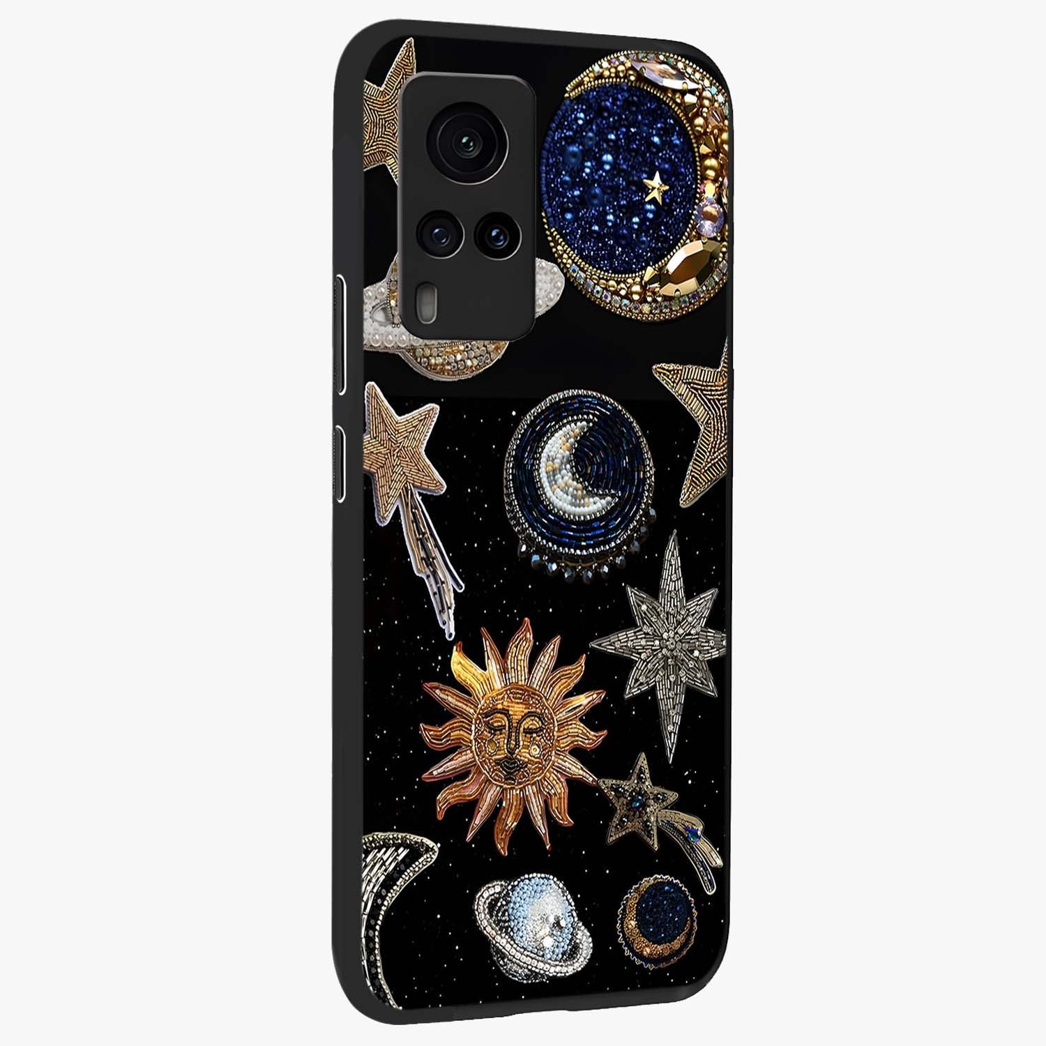 Celestial Gem Constellations Glass Case upright view showcasing cosmic constellation artwork with celestial aesthetic style.