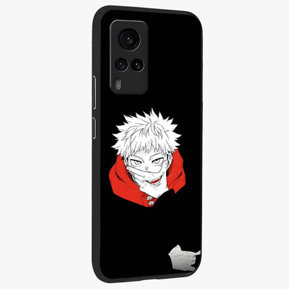 Crimson Chaos Smile Glass Case upright view showcasing expressive chaotic artwork with striking visual theme.