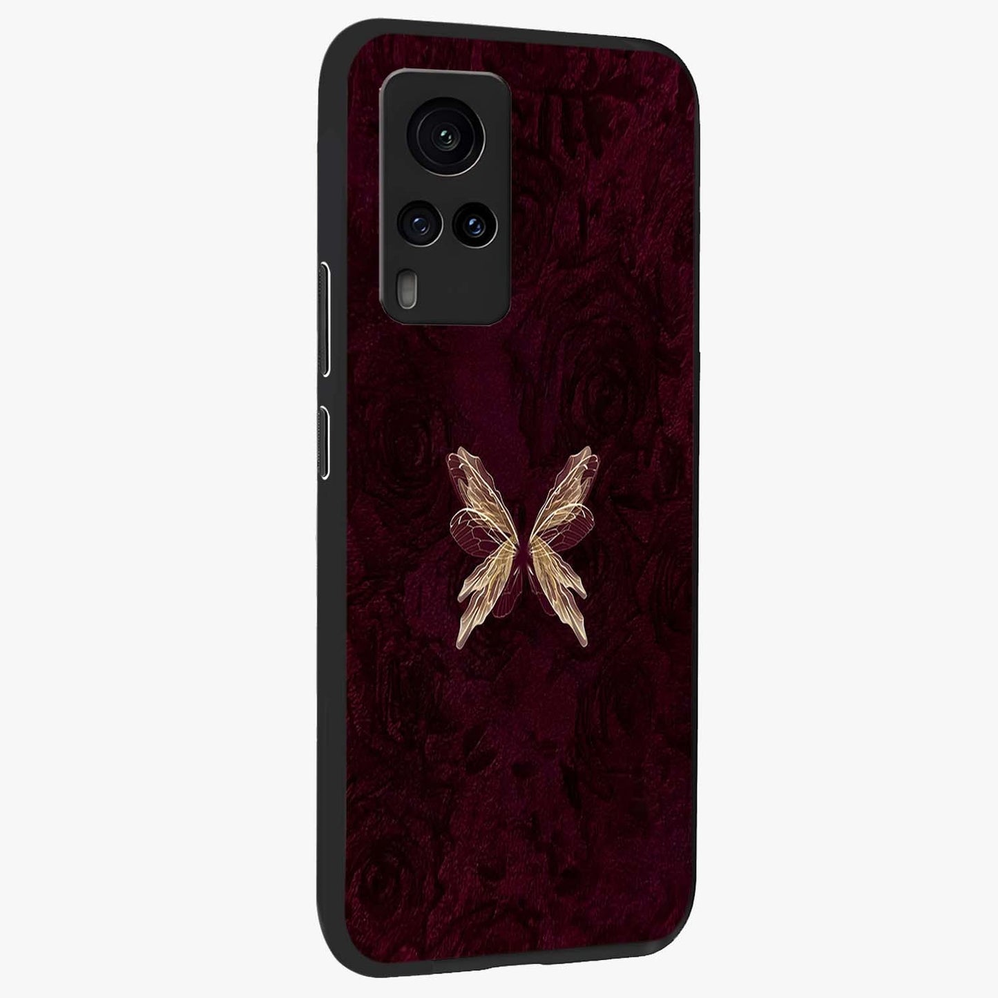 Crimson Fade Butterfly Glass Case upright view showcasing graceful butterfly artwork with soft crimson fade effect.