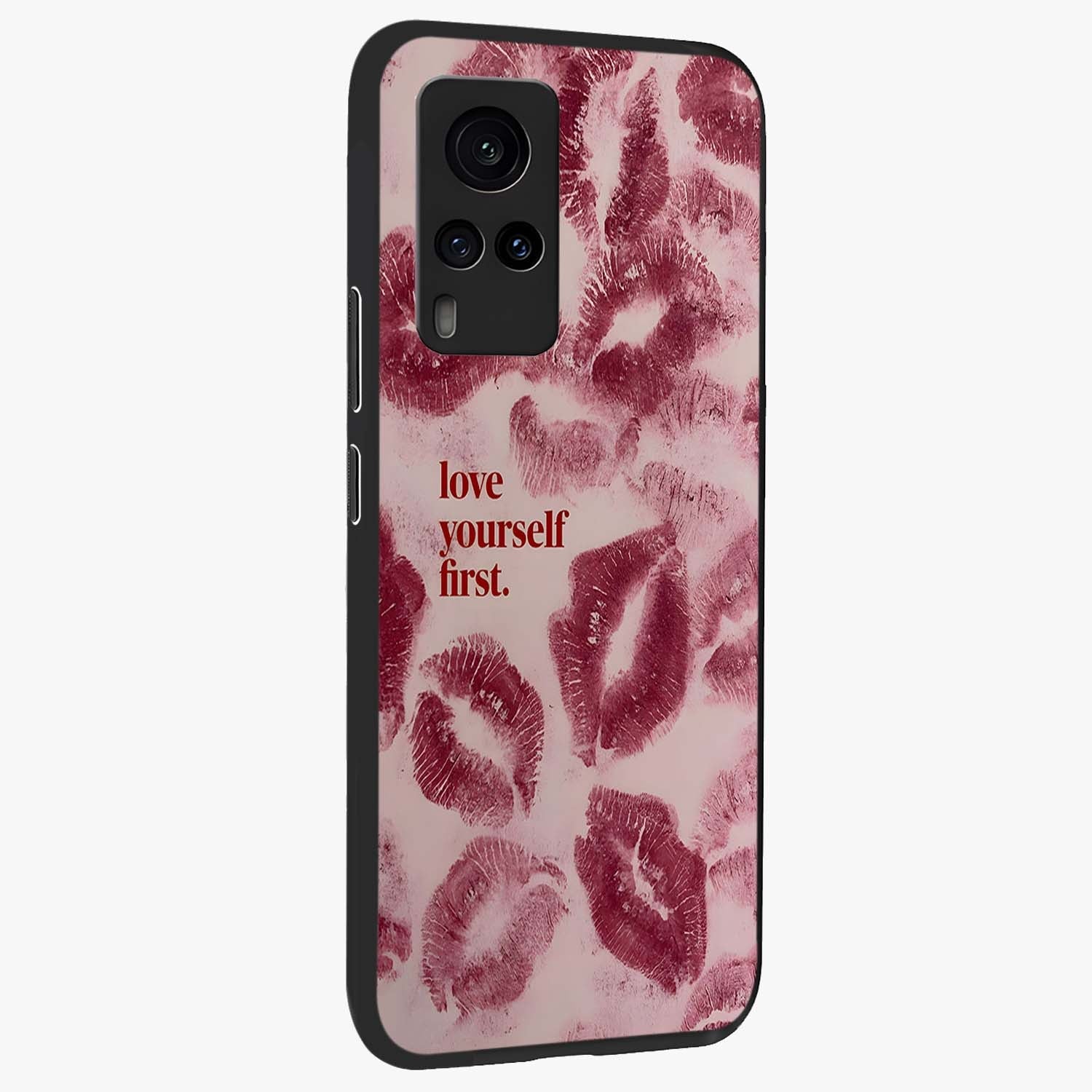 Crimson Kiss Love Glass Case upright view showcasing expressive romantic artwork with deep crimson theme.