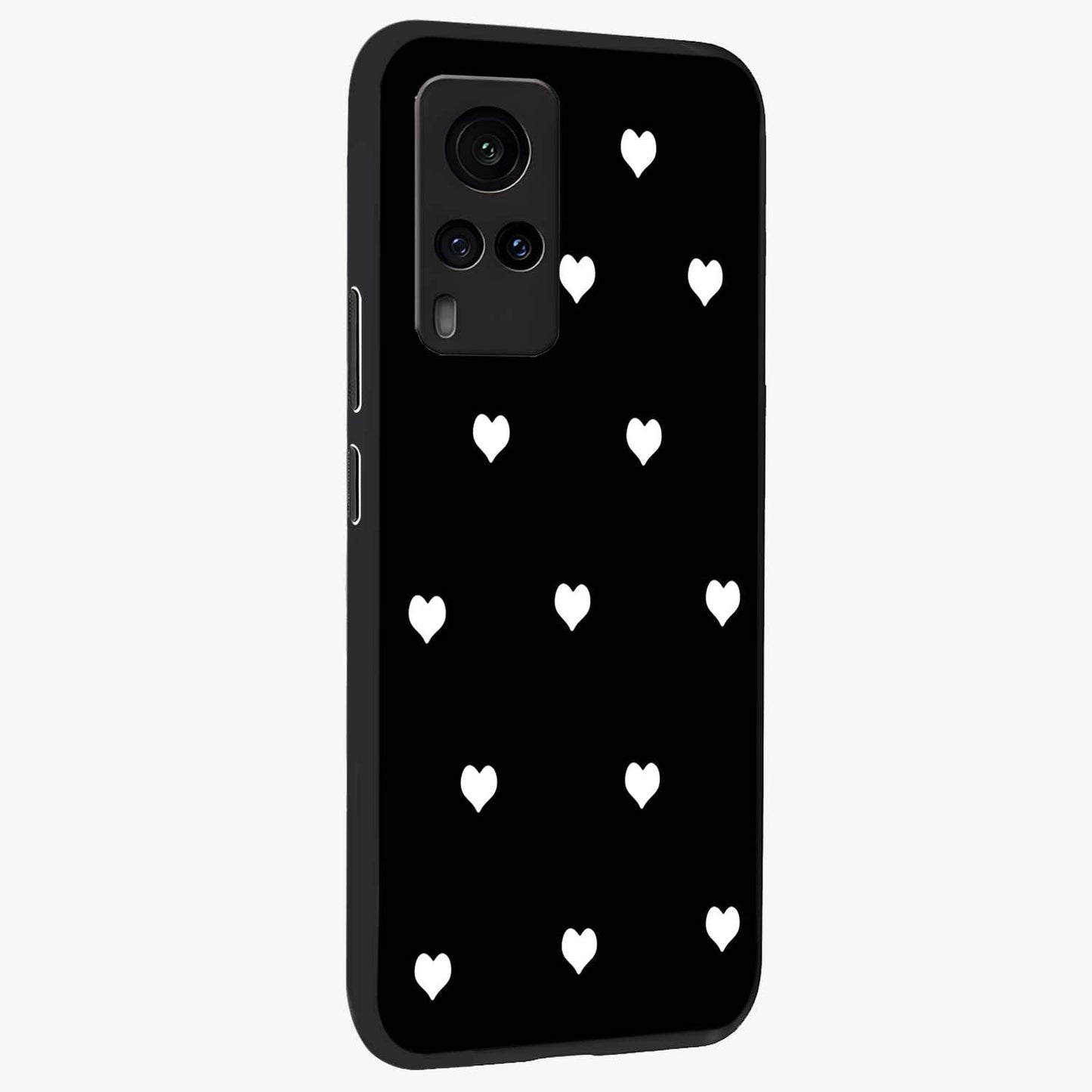 Cute And Simple White Hearts Glass Case upright view showcasing simple white hearts artwork with soft minimal theme.