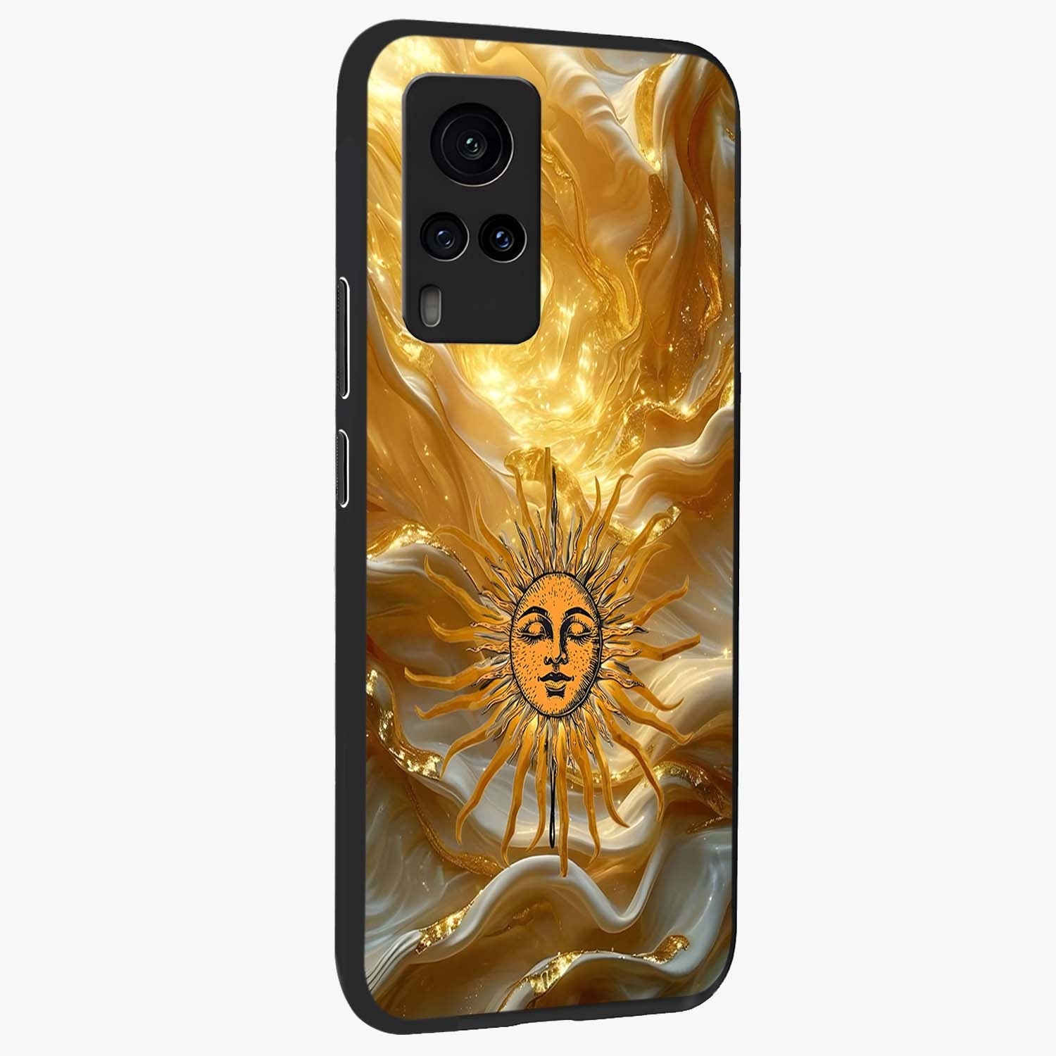 Eternal Golden Glow Glass Case upright view showcasing luminous golden artwork with luxurious visual theme.