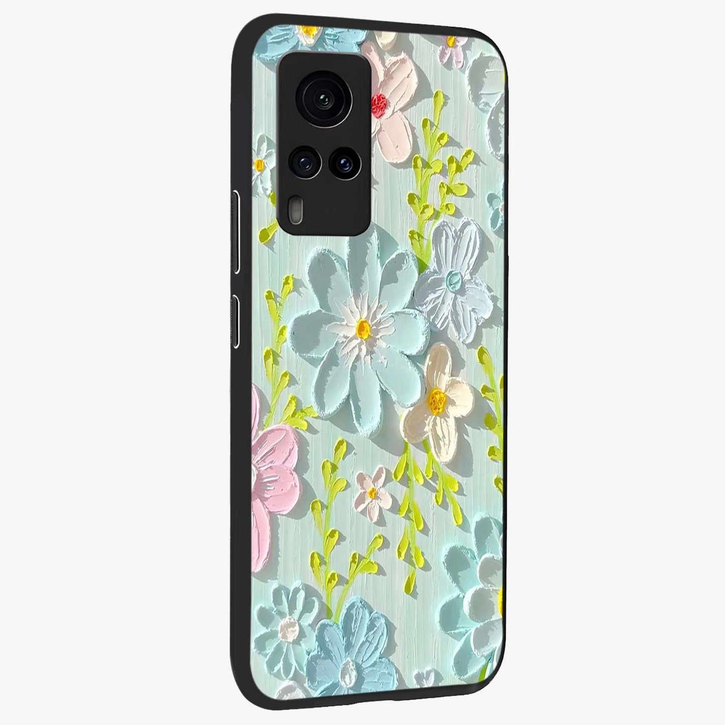Frosted Petal Garden Glass Case upright view showcasing elegant floral garden artwork with soothing pastel theme.