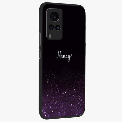 Glittery Purple Bokeh Custom Name Glass Case upright view showcasing vibrant purple sparkle artwork with personalized aesthetic style.