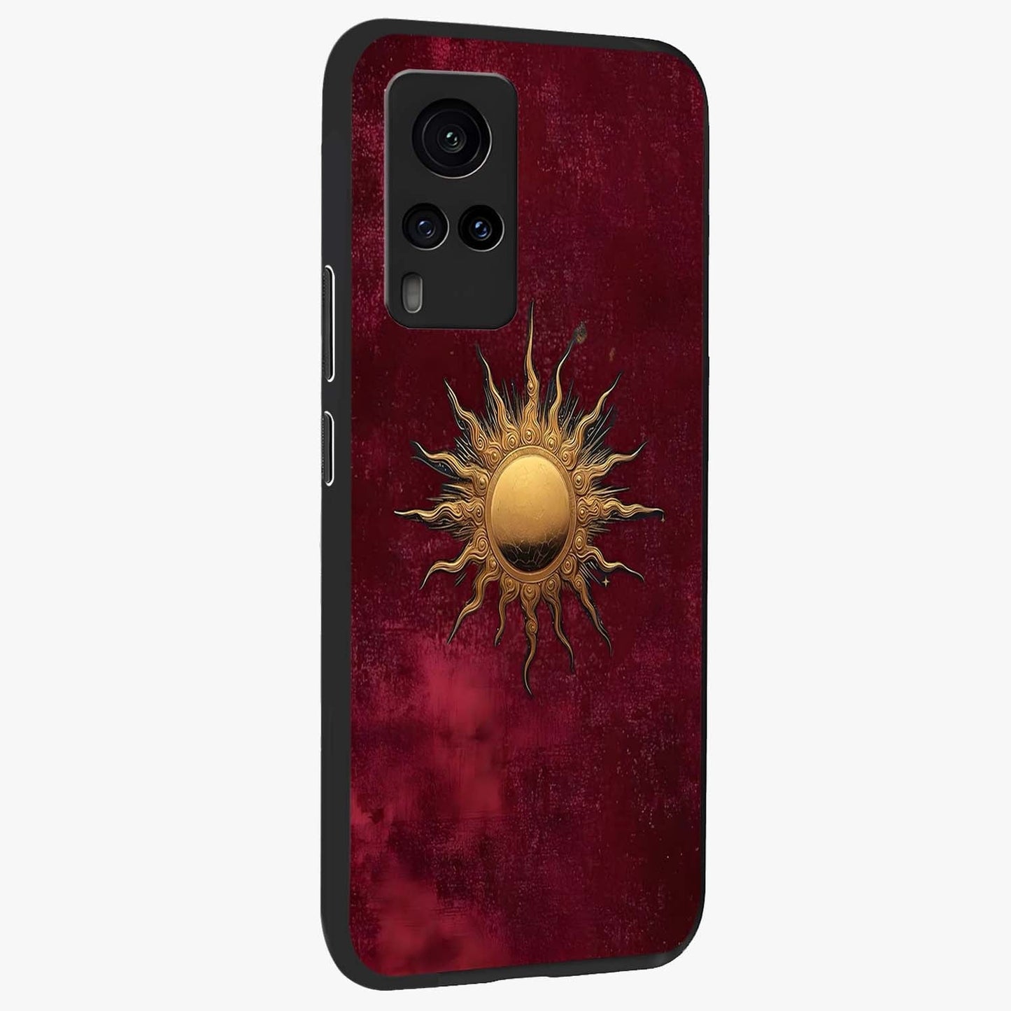 Golden Sun Minimalism Glass Case upright view showcasing simple golden sun artwork with elegant minimalist style.