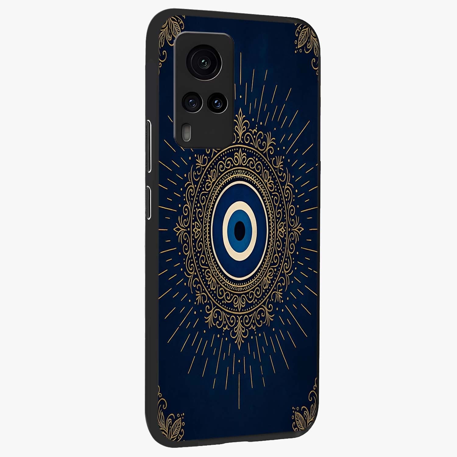 Golden Celestial Charm Glass Case upright view showcasing radiant celestial artwork with elegant golden theme.
