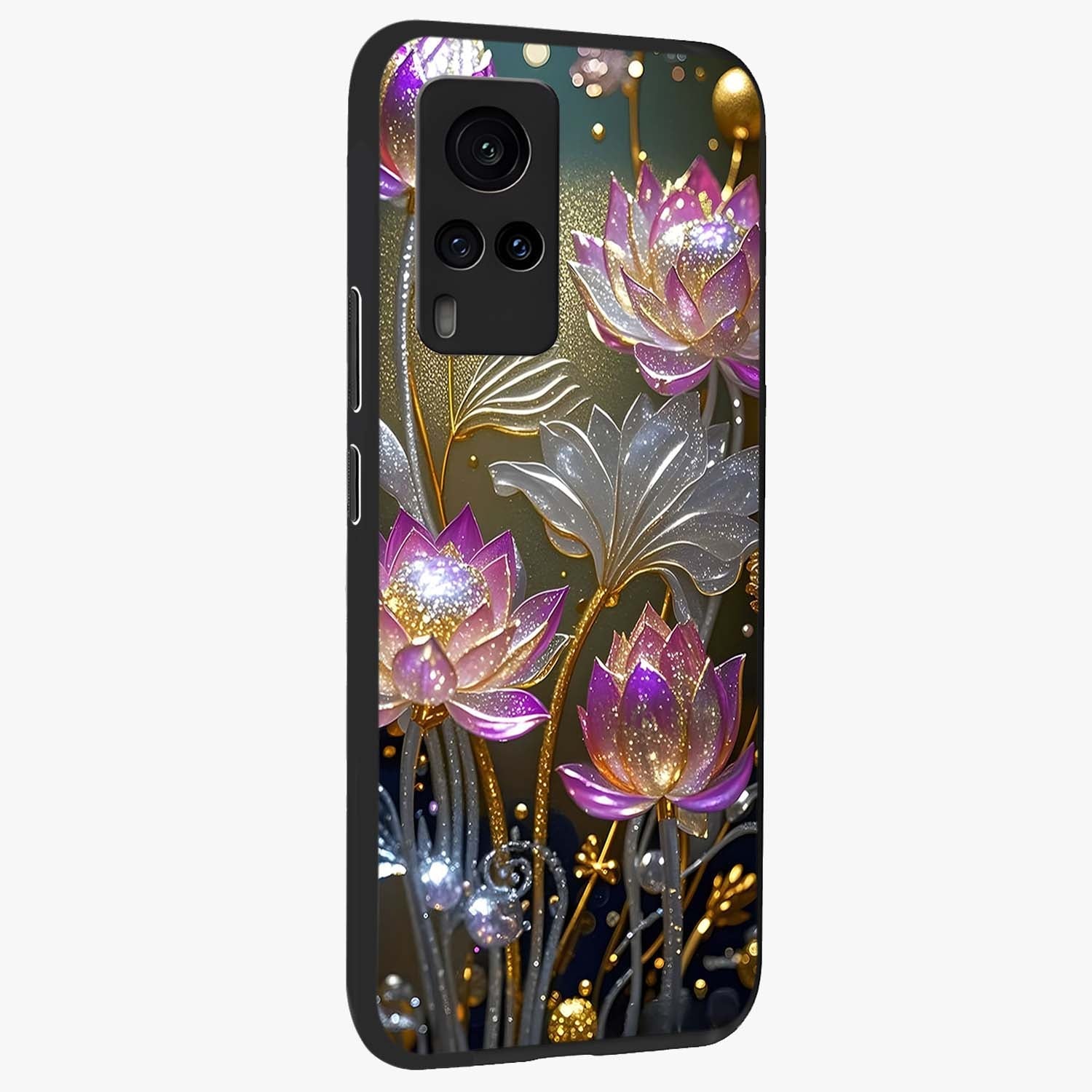 Golden Floral Majesty Glass Case upright view showcasing majestic floral artwork with rich decorative theme.
