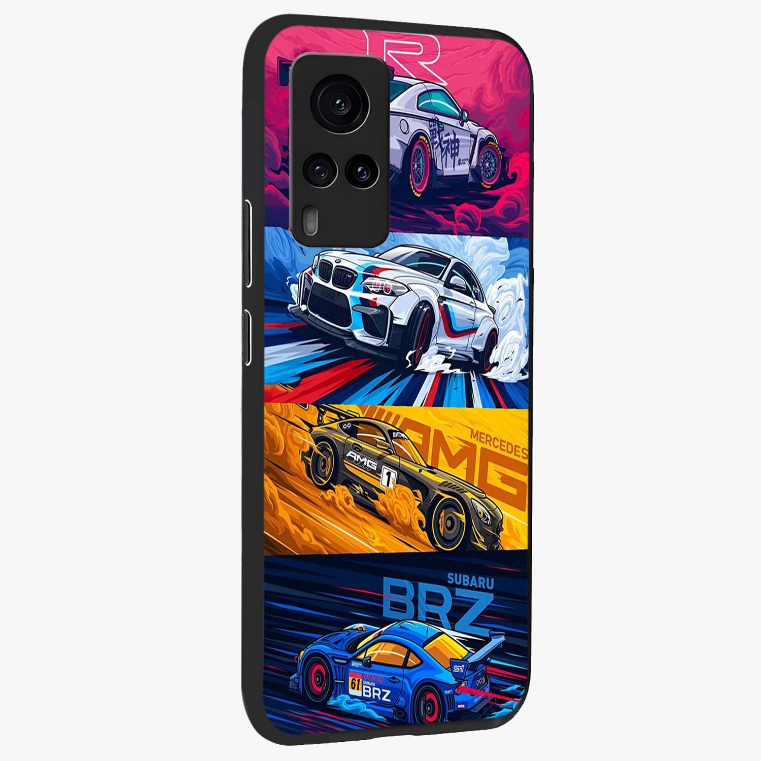 JDM Sports Car Glass Case upright view showcasing dynamic sports car artwork with bold racing theme.