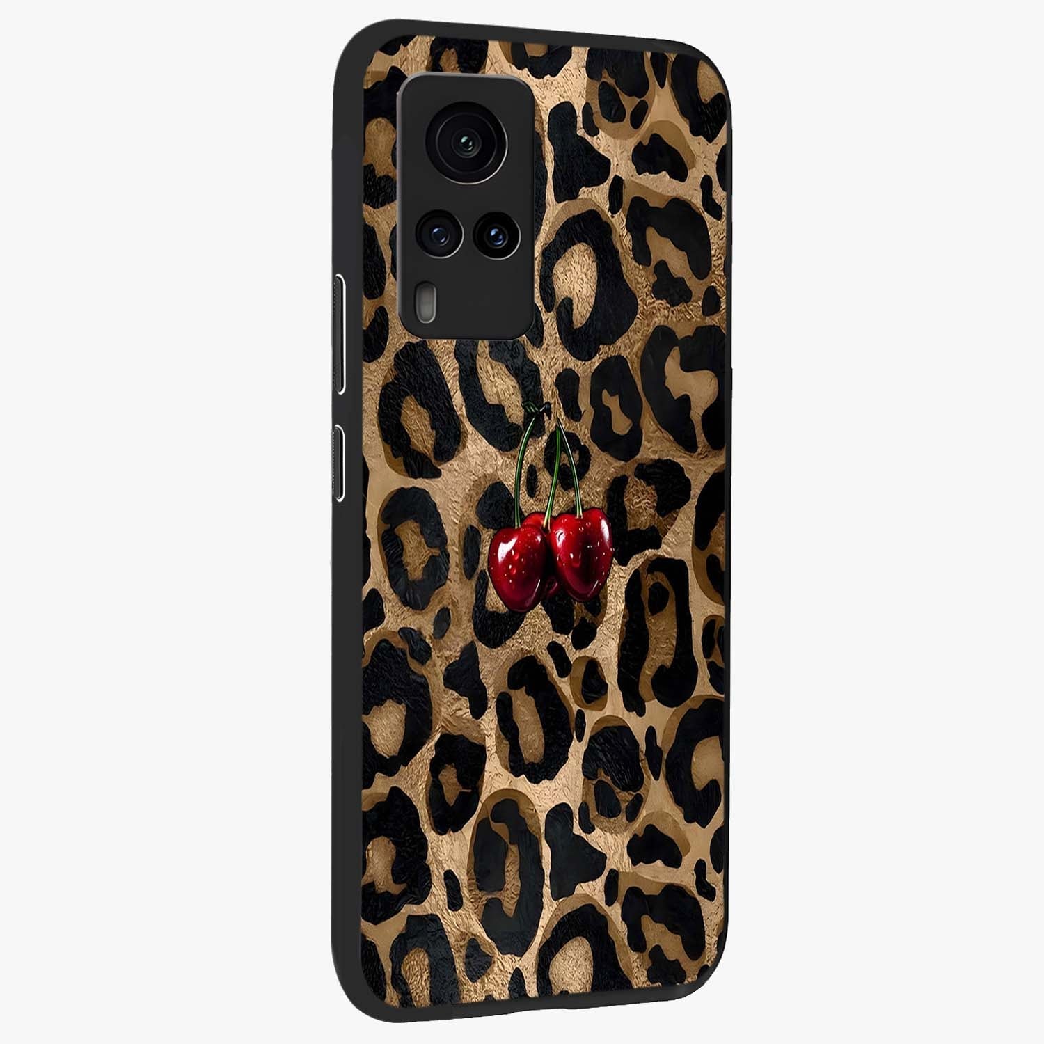 Leopard Wild Cherry Glass Case upright view showcasing stylish leopard pattern artwork with trendy fashion theme.