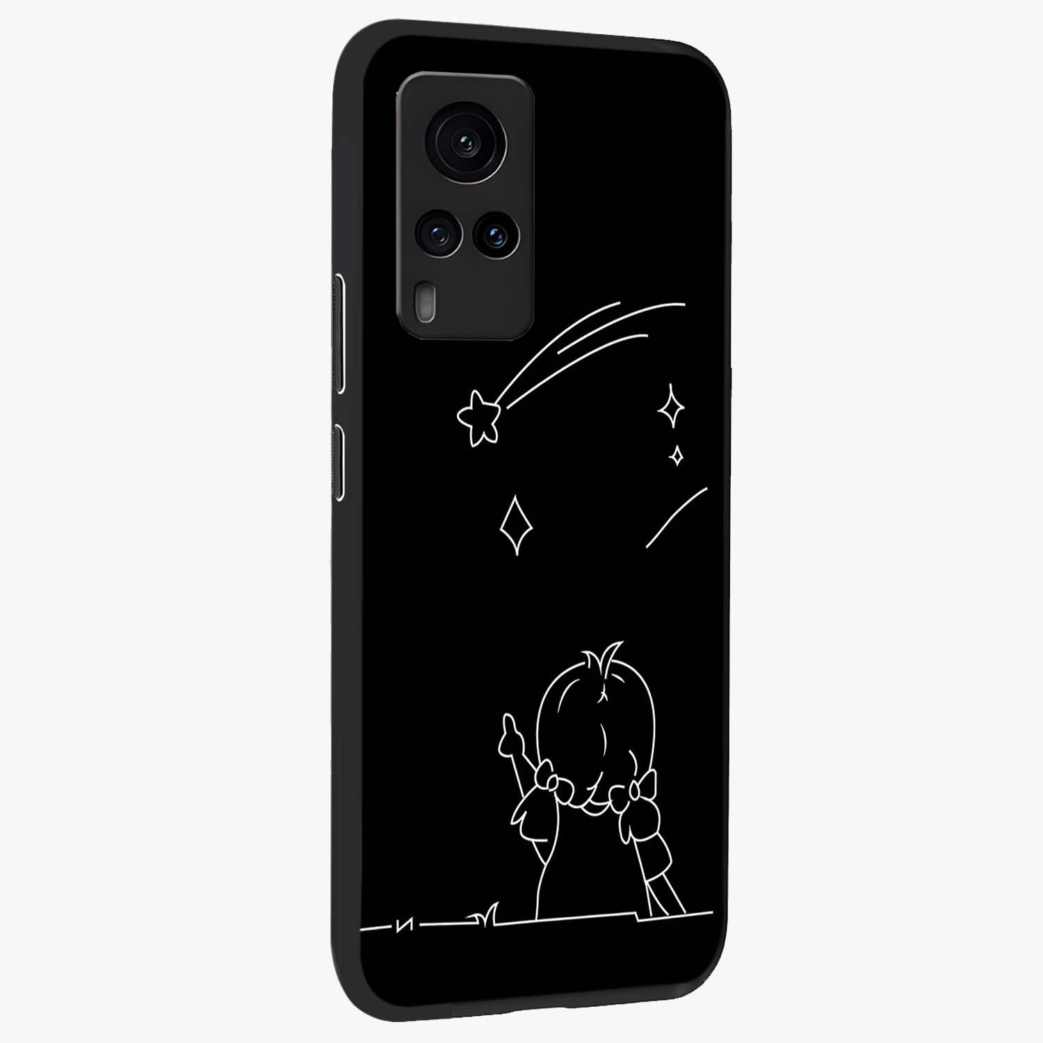 Line Art Girl With Shooting Stars Glass Case upright view showcasing delicate shooting stars artwork with minimal artistic theme.