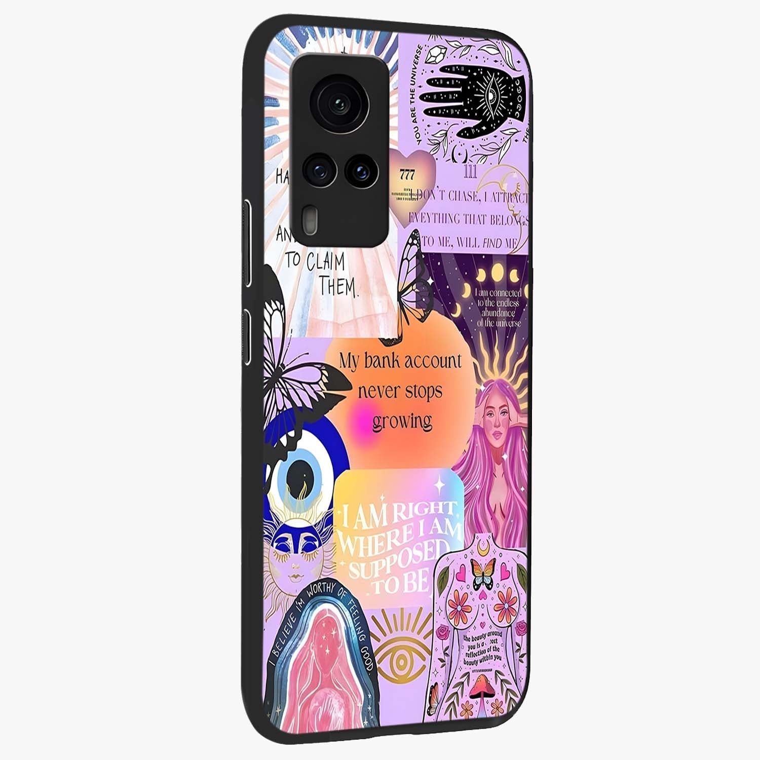 Manifestation Collage Glass Case upright view showcasing artistic manifestation themed artwork with creative style.