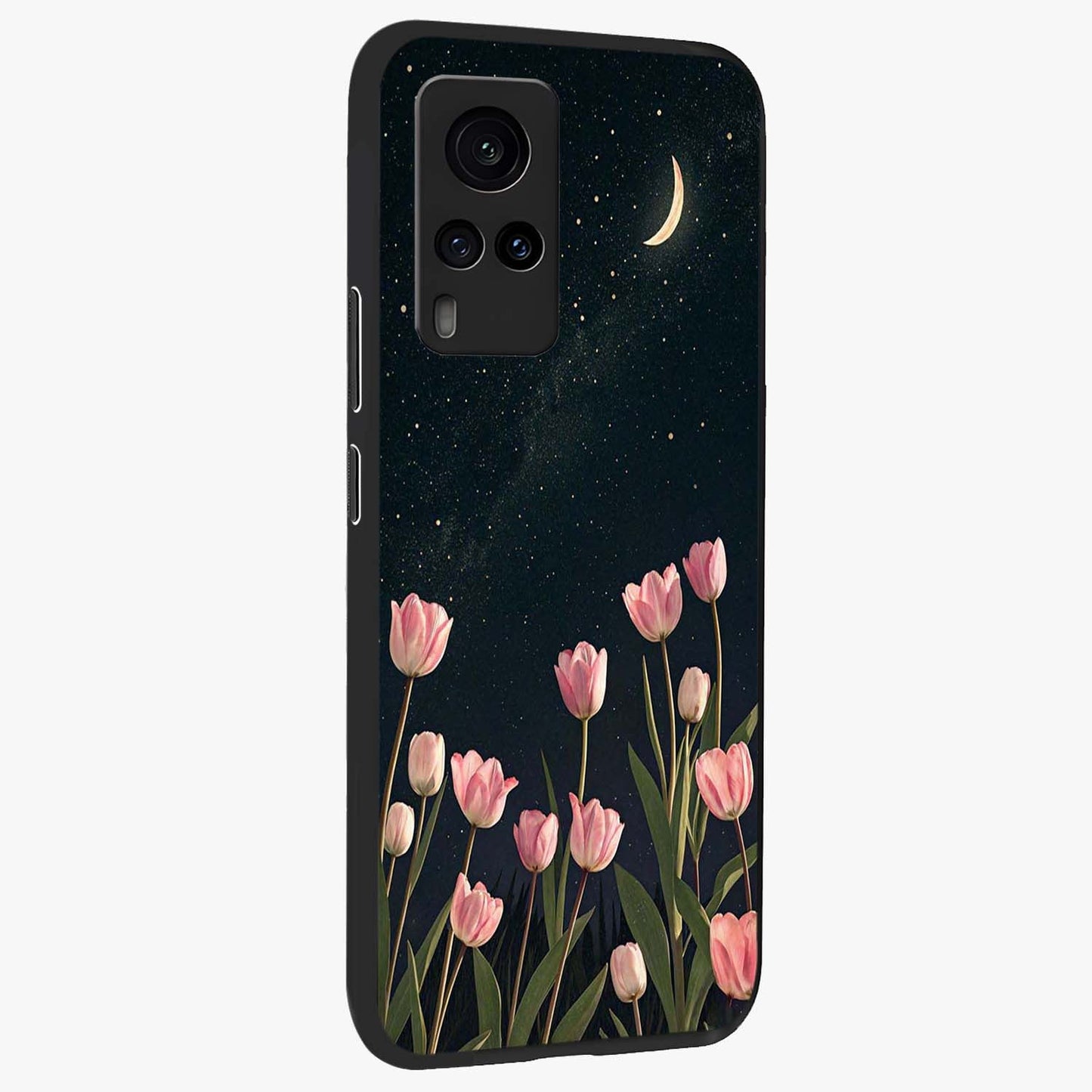 Midnight Tulip Whispers Vibe Glass Case upright view showcasing graceful tulip artwork with calm botanical theme.