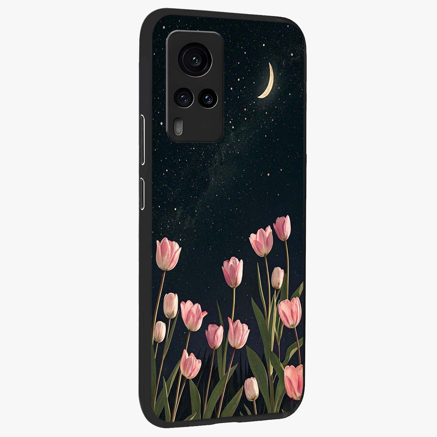 Midnight Tulip Whispers Vibe Glass Case upright view showcasing graceful tulip artwork with calm botanical theme.