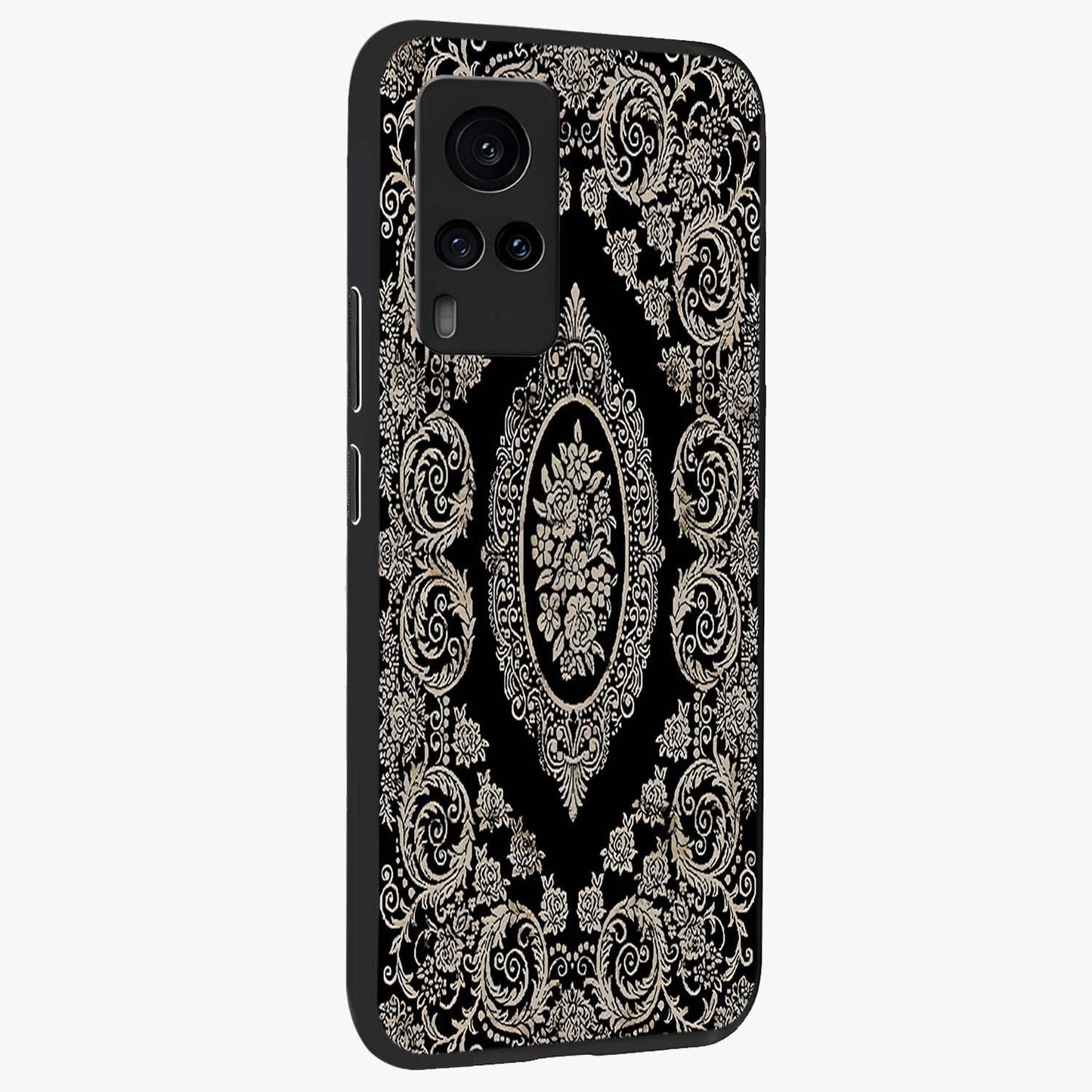Noir Bloom Elegance Glass Case upright view showcasing graceful floral artwork with luxurious dark theme.