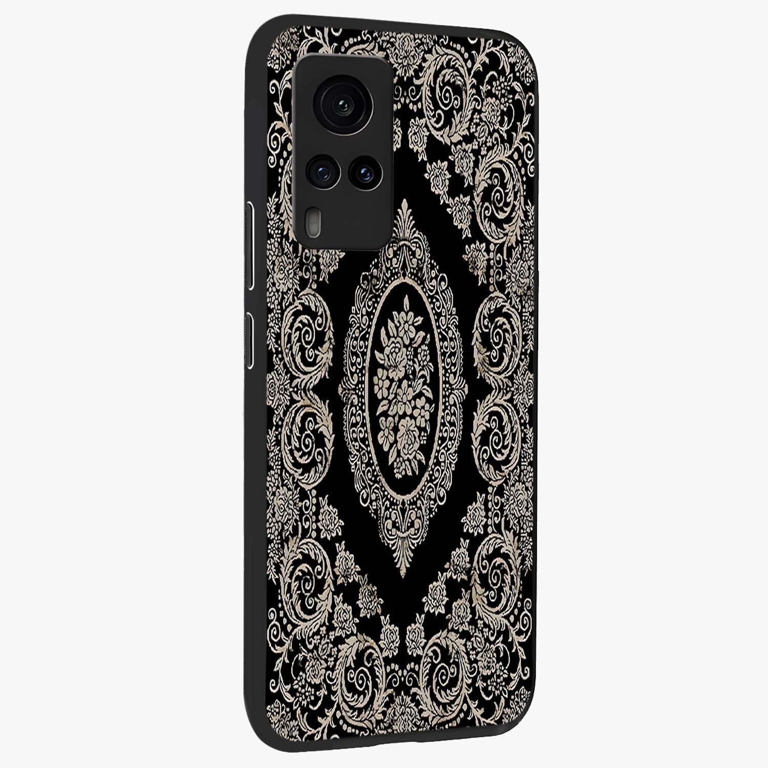 Noir Bloom Elegance Glass Case upright view showcasing graceful floral artwork with luxurious dark theme.