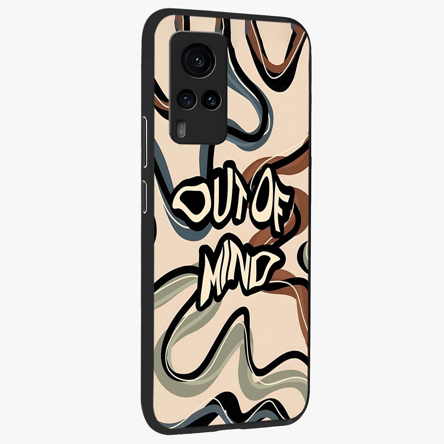 Out Of Mind Glass Case upright view showcasing striking typography artwork with edgy conceptual theme.