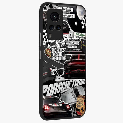 Porsche Racing Collage Glass Case upright view showcasing energetic car collage artwork with high speed racing theme.