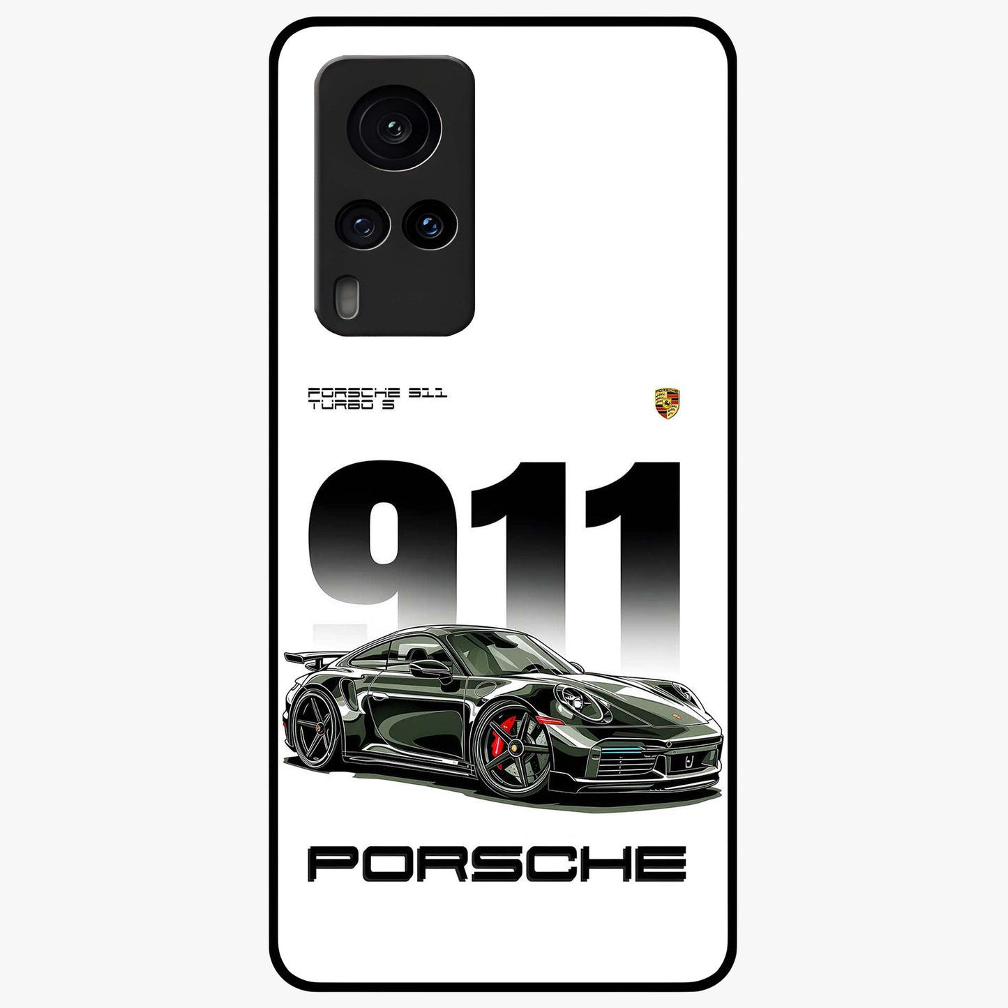 911 Turbo Dominance Glass Case showing clean flat back view with bold 911 sports car artwork and glossy glass finish.