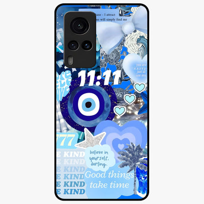 Aesthetic Be Kind Eye Glass Case showing flat back view with motivational eye artwork and glossy glass finish.