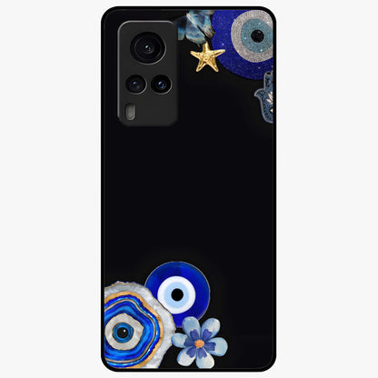 Aesthetic Blue Evil Eye Glass Case showing flat back view with protective evil eye artwork and glossy glass finish.