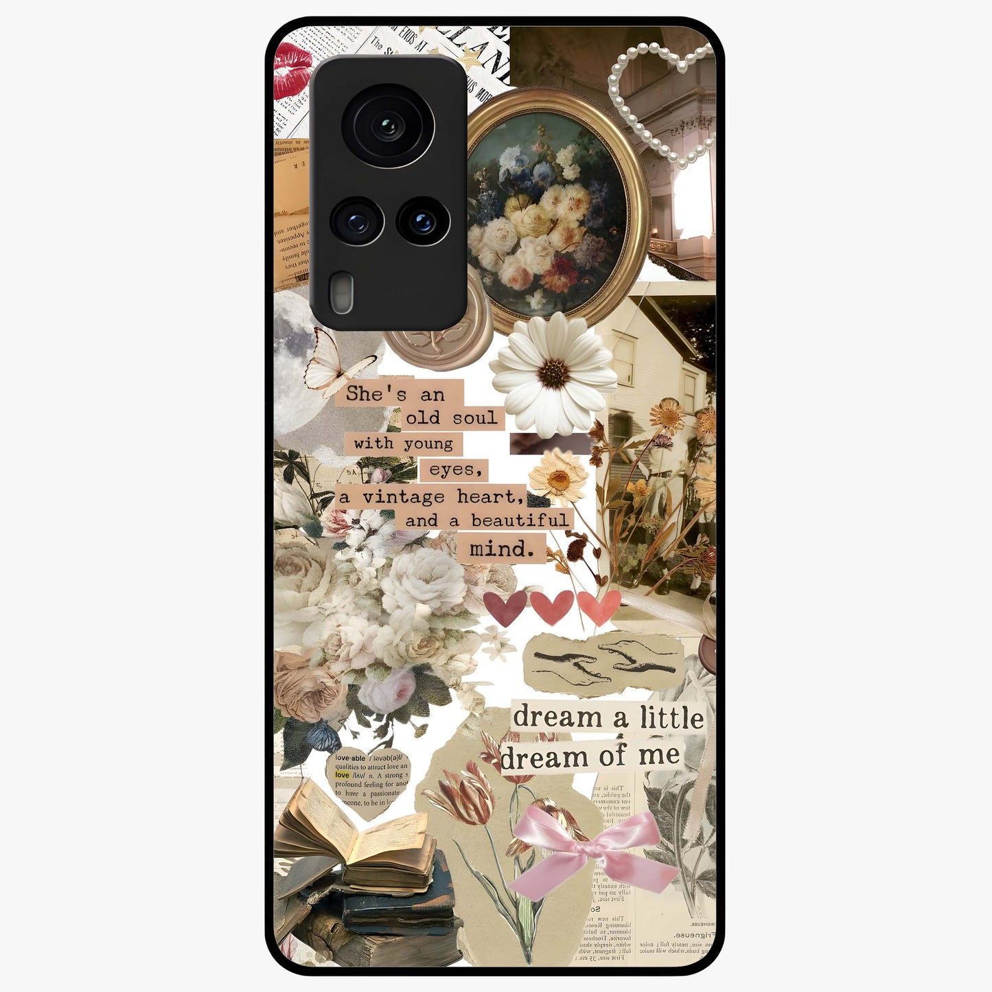 Aesthetic Brown Vintage Collage Glass Case showing flat back view with retro collage artwork and glossy glass finish.