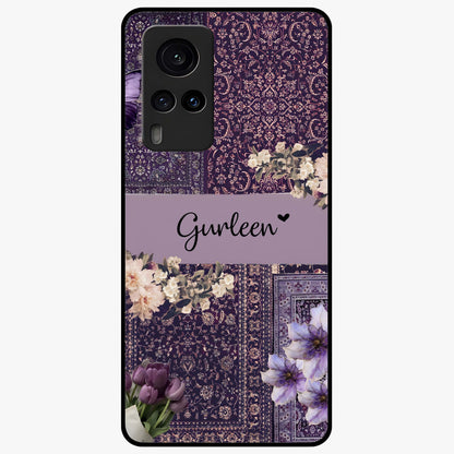 Antique Floral Whisper Custom Name Glass Case showing flat back view with vintage floral artwork and personalized name design.