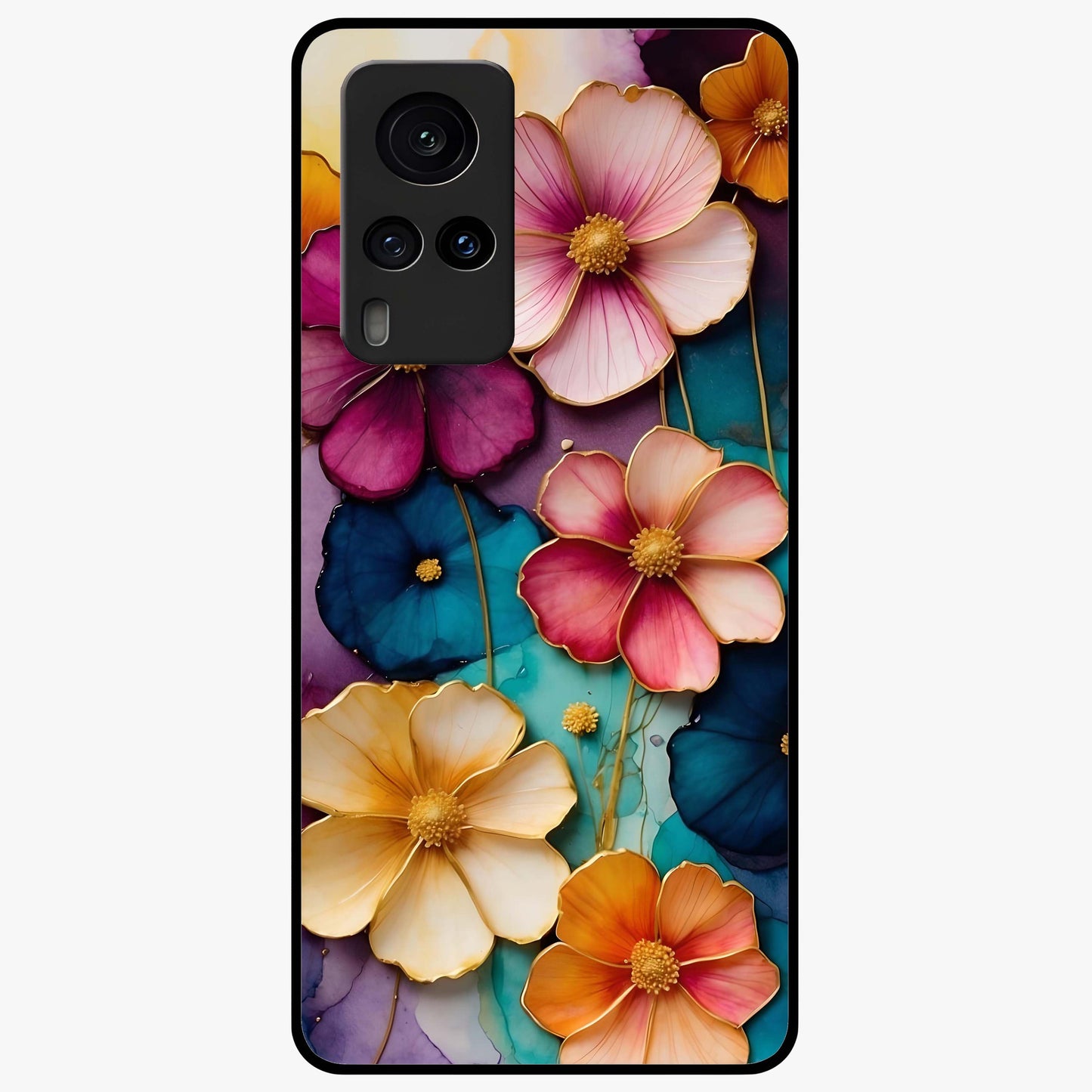 Artlyn Grace Flower Pattern Glass Case showing flat back view with elegant floral pattern artwork and glossy glass finish.