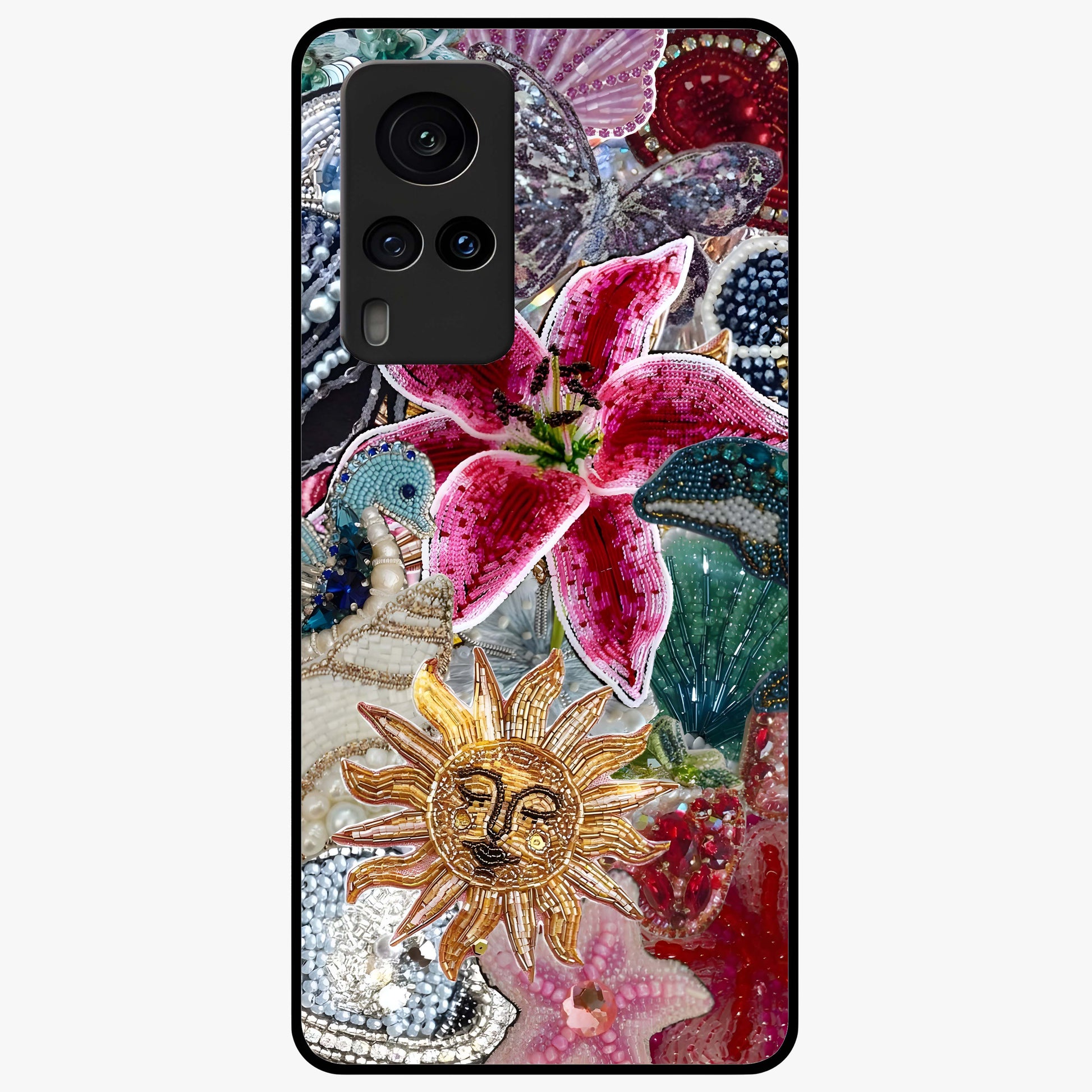 Beaded Garden Fantasy Glass Case showing flat back view with dreamy garden bead artwork and glossy glass finish.