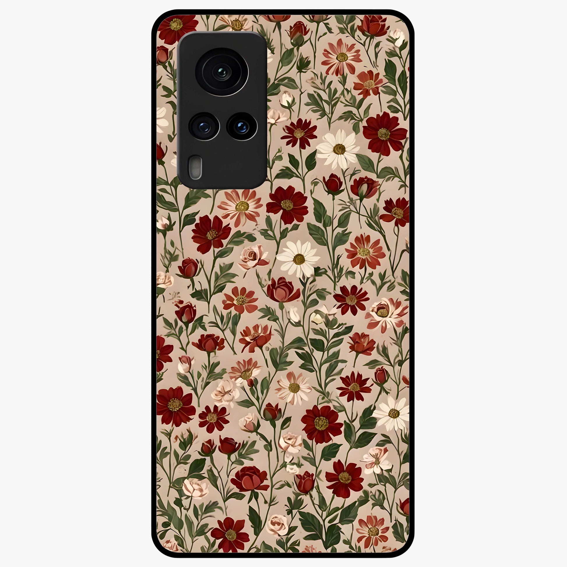 Biege Flower With Leaf Glass Case showing flat back view with soft beige floral artwork and glossy glass finish.
