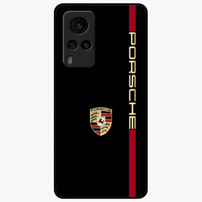 Black Minimal Porsche Glass Case showing flat back view with sleek minimal sports car artwork and glossy glass finish.