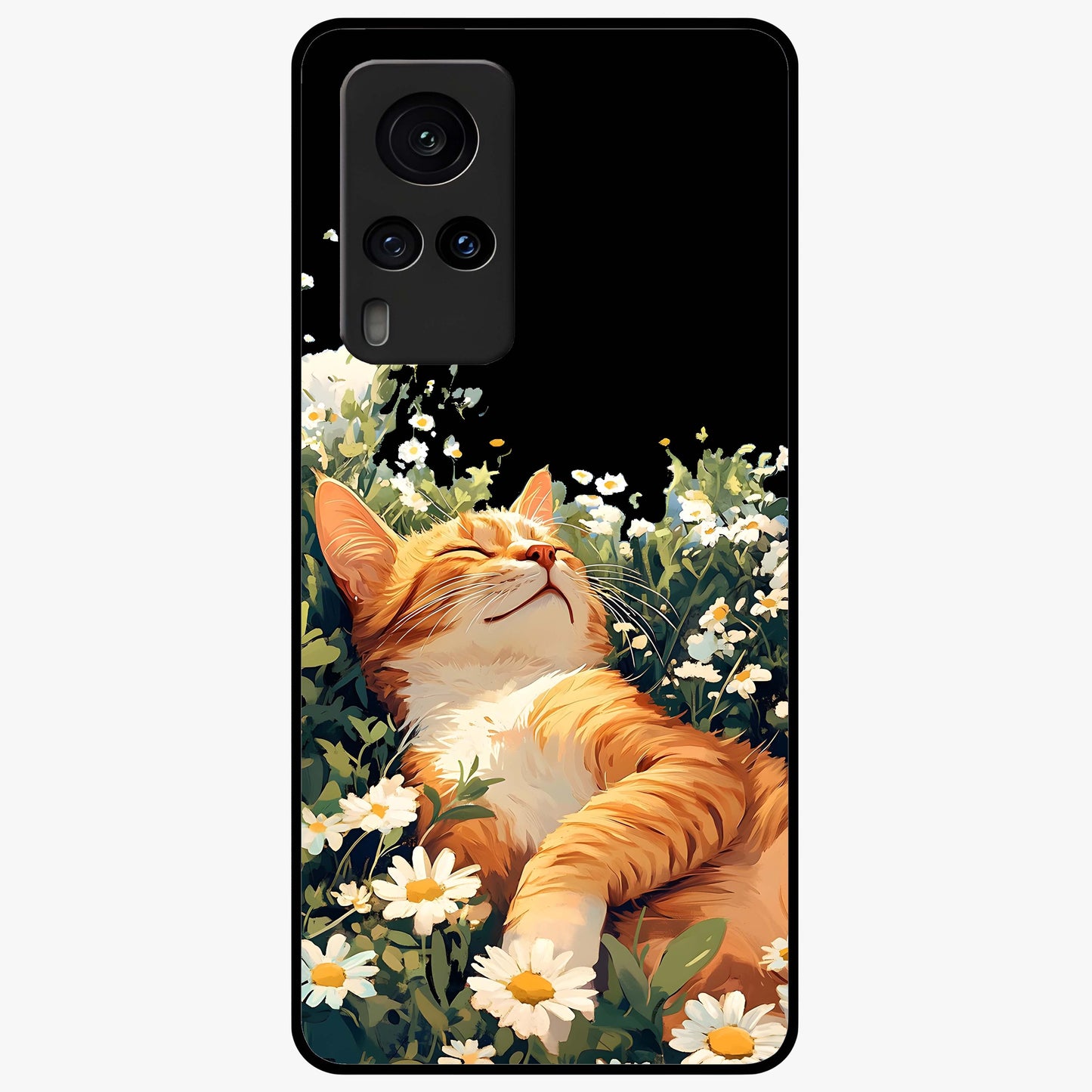 Blissful Bloom Cat Glass Case showing flat back view with cute cat and floral bloom artwork and glossy glass finish.