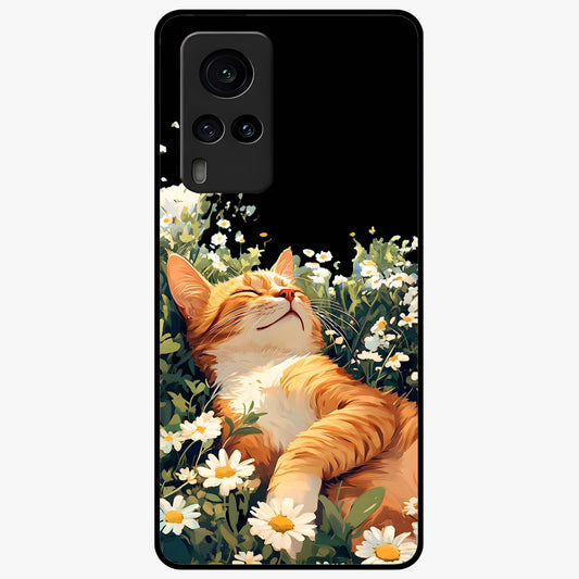 Blissful Bloom Cat Glass Case showing flat back view with cute cat and floral bloom artwork and glossy glass finish.