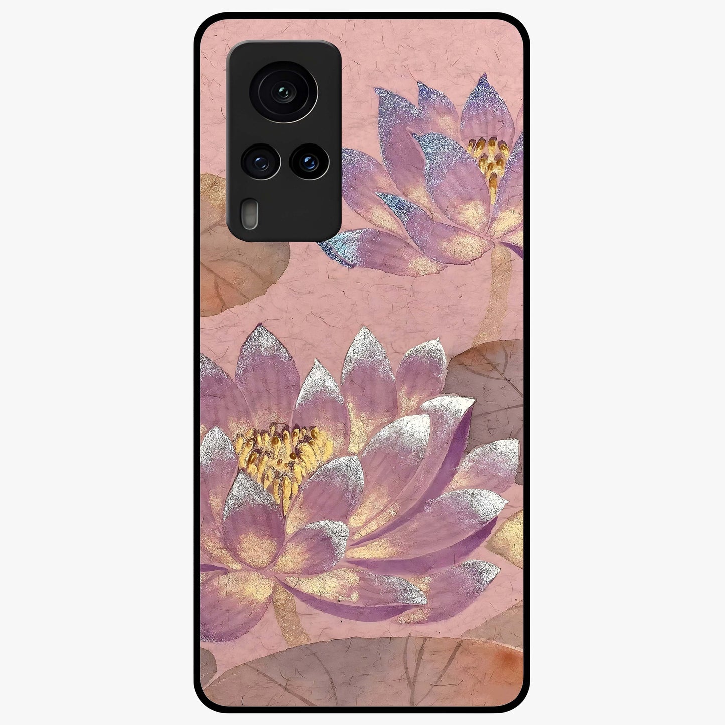 Blossom Mist Lotus Glass Case showing flat back view with serene lotus blossom artwork and glossy glass finish.