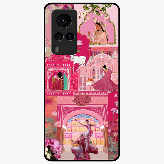 Blossoms of Rajasthan Glass Case showing flat back view with traditional floral artwork inspired by Rajasthan and glossy glass finish.