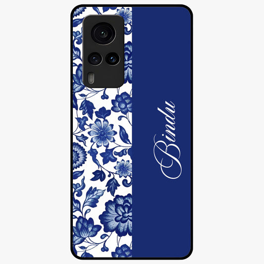 Blue Vintage Floral Pattern Glass Case upright view showcasing timeless floral illustration with vintage inspired style.