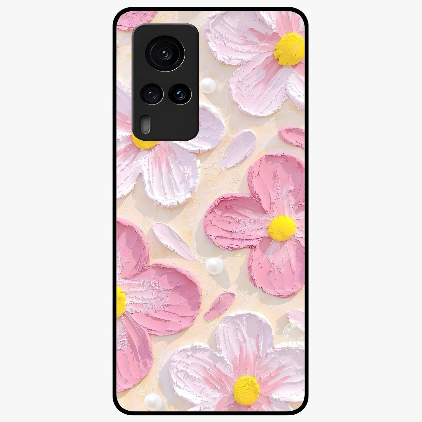 Blush Bloom Texture Glass Case showing flat back view with soft blush floral texture artwork and glossy glass finish.