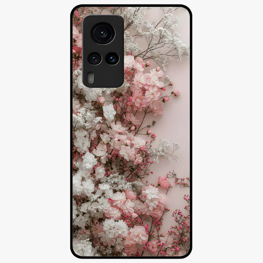 Blush Blossom Cloud Glass Case showing flat back view with dreamy blush cloud blossom artwork and glossy glass finish.