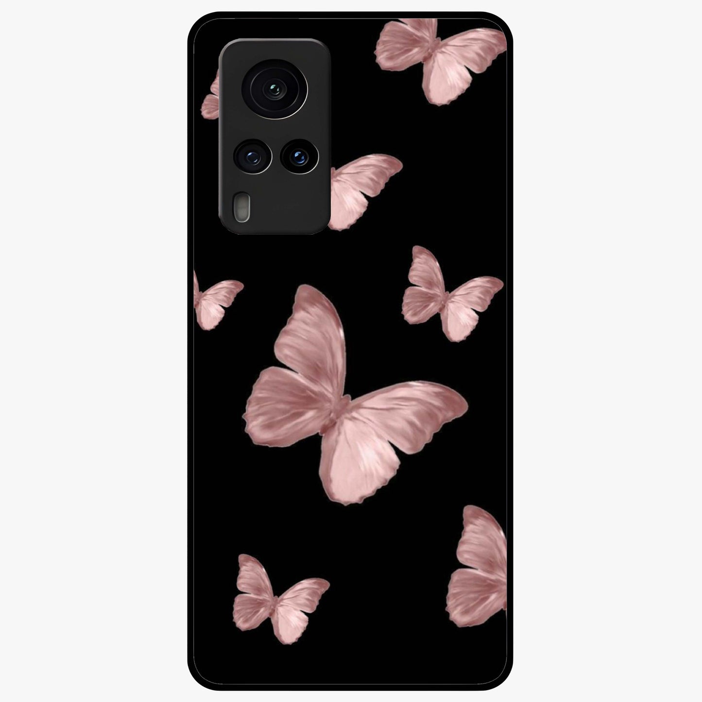 Butterfly Pattern Glass Case showing flat back view with elegant butterfly pattern artwork and glossy glass finish.