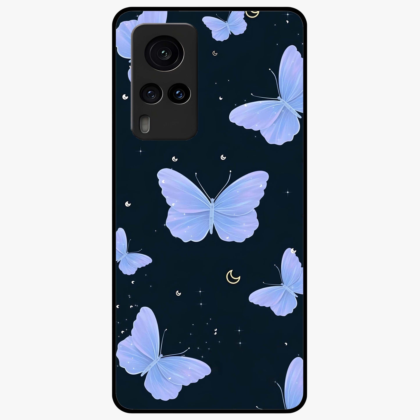 Butterfly With Stars Pattern Glass Case showing flat back view with butterfly and star pattern artwork and glossy glass finish.