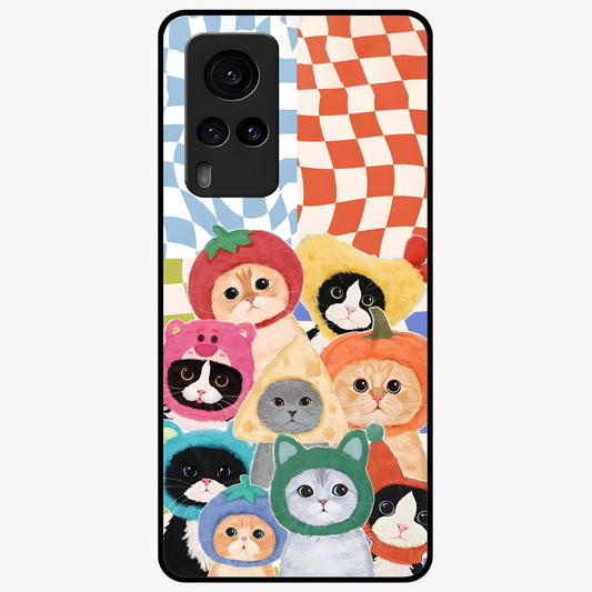 Cats in Fruits Glass Case showing flat back view with playful cat illustrations inside fruit artwork and glossy glass finish.