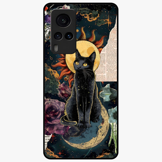 Celestial Black Cat Glass Case showing flat back view with mystical black cat artwork and glossy glass finish.
