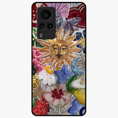 Celestial Floral and Playful Glass Case showing flat back view with floral and celestial themed artwork and glossy glass finish.