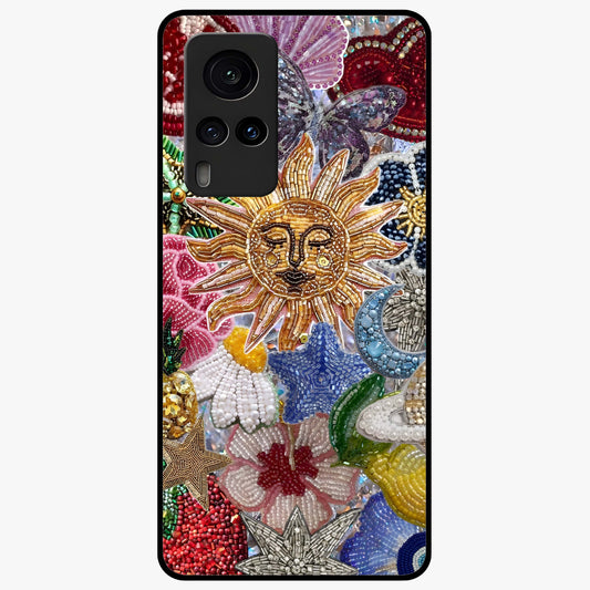 Celestial Floral and Playful Glass Case showing flat back view with floral and celestial themed artwork and glossy glass finish.