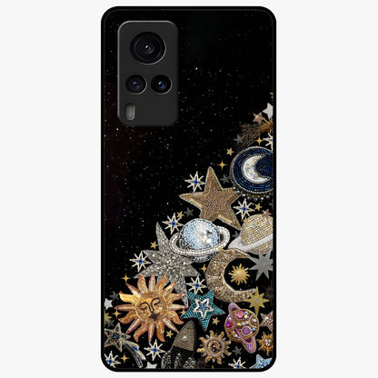 Cosmic Sparkle Dreams Glass Case showing flat back view with sparkling cosmic artwork and glossy glass finish.
