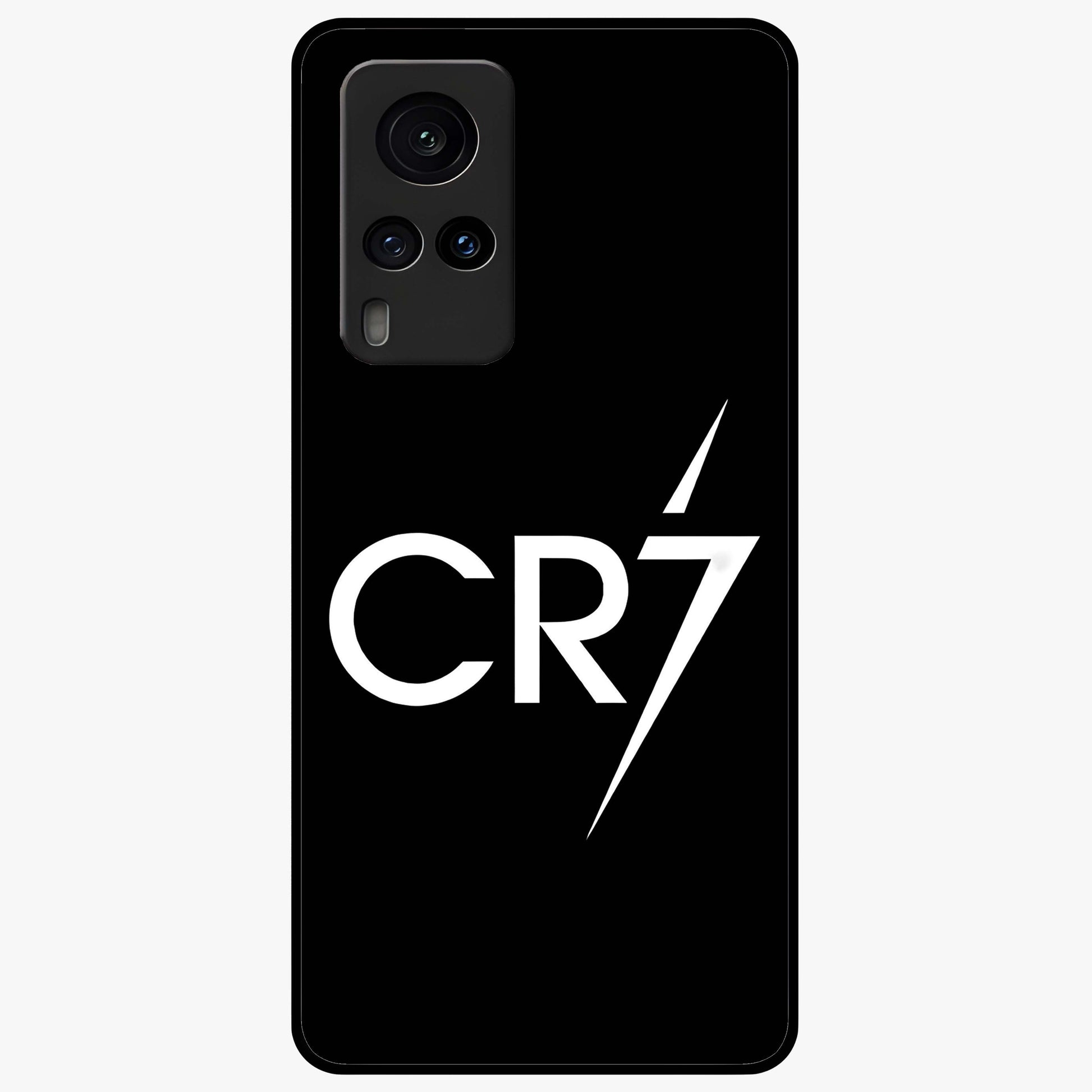 Cr7 Elite Strike Glass Case showing flat back view with dynamic football inspired artwork and glossy glass finish.