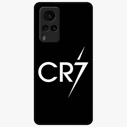 Cr7 Elite Strike Glass Case showing flat back view with dynamic football inspired artwork and glossy glass finish.